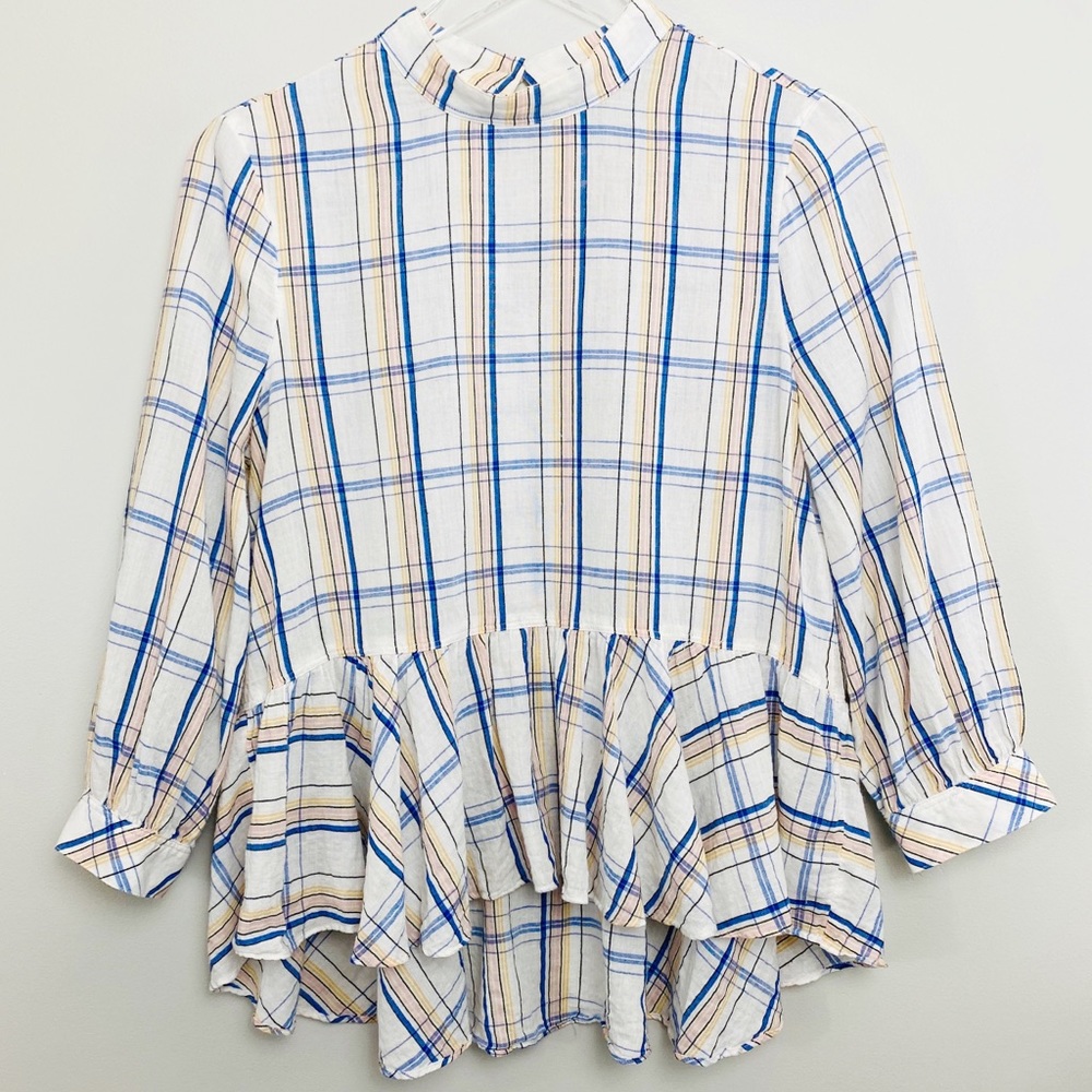 ANTHROPOLOGIE | Maeve Plaid Ruffle Blouse High/Low